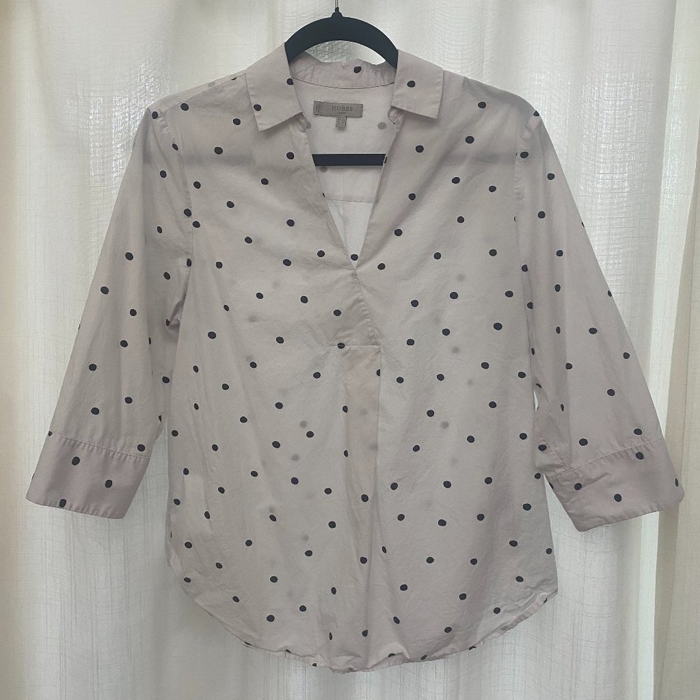 HOBBS LONDON WHITE SHIRT BLACK  POLKA DOTS 3/4 SLEEVE COLLARED PULLOVER BLOUSE